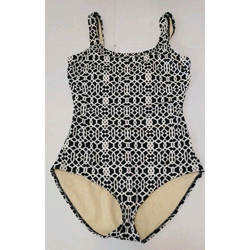 Lands End One-piece Black And White Geometric Pattern Swimsuit Womens 16